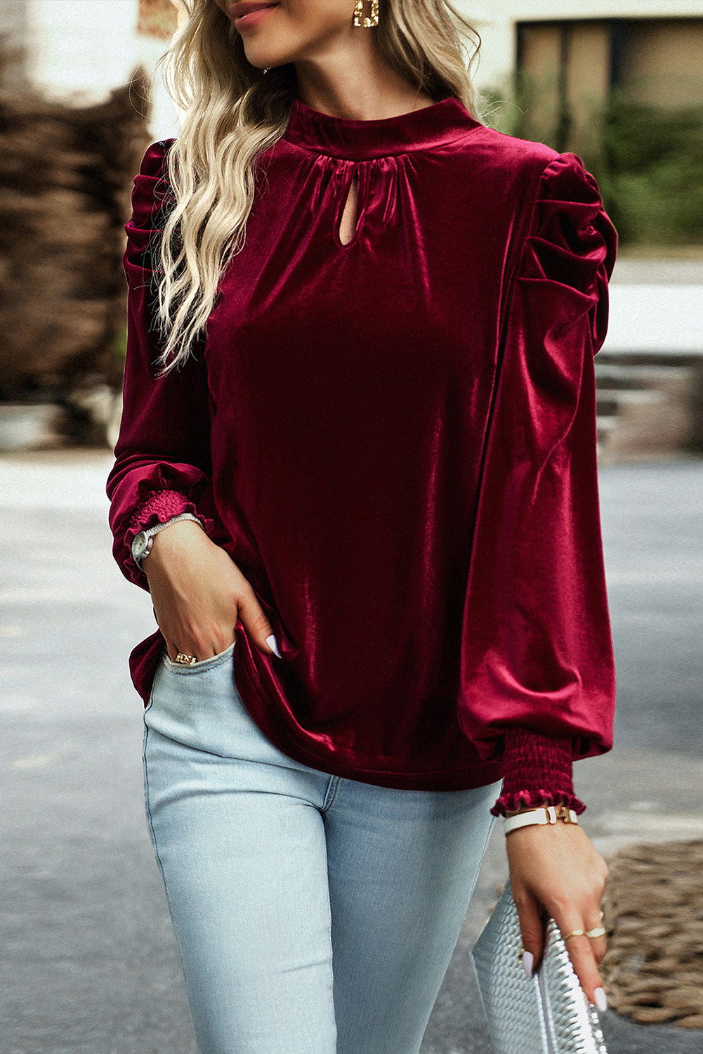 Mock Keyhole Neck Puff Sleeve Velvet Blouse