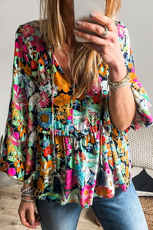 Multicolour Boho Floral V Neck Lantern Sleeve Blouse