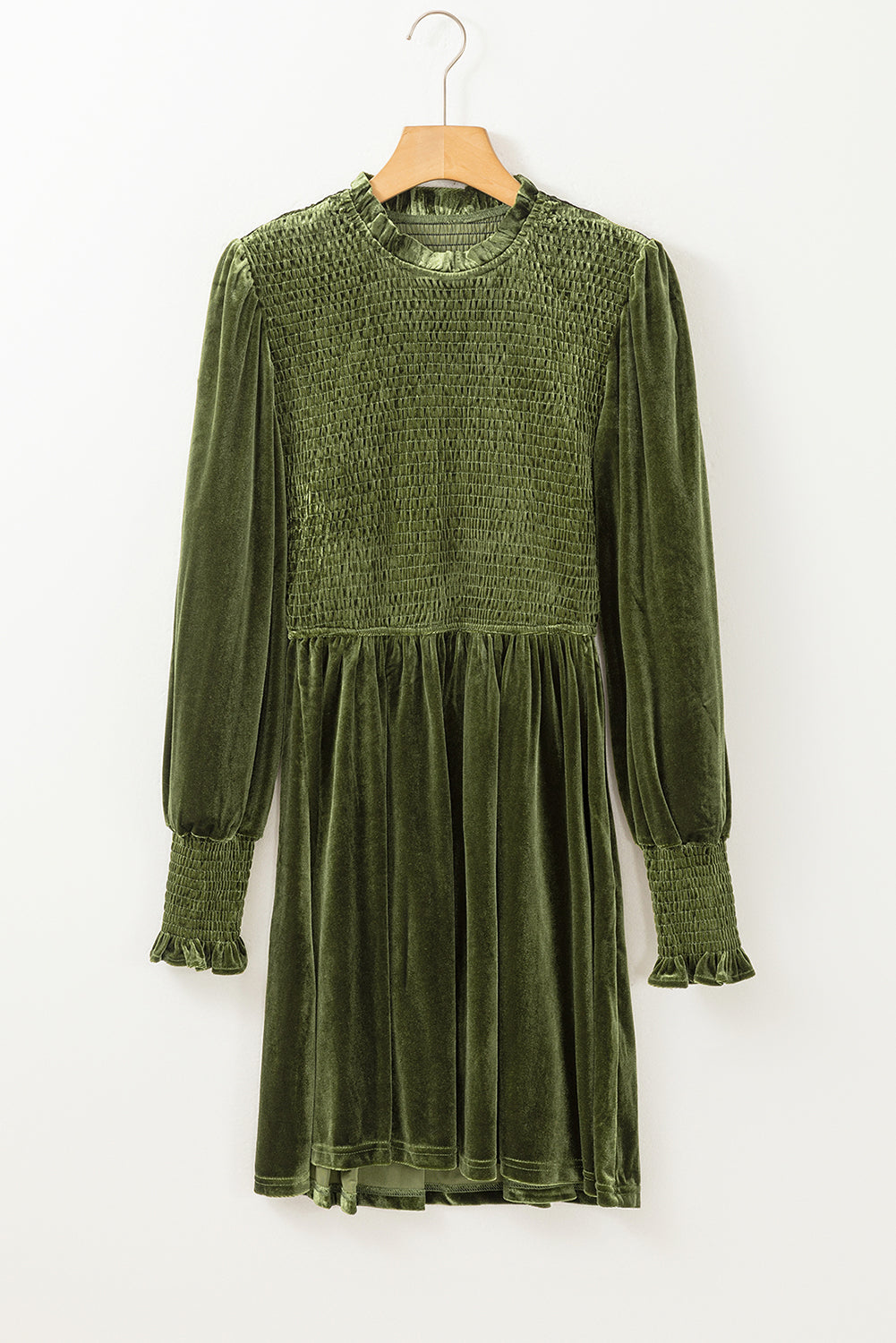 Smocked Lantern Sleeve Frilled Velvet Dress