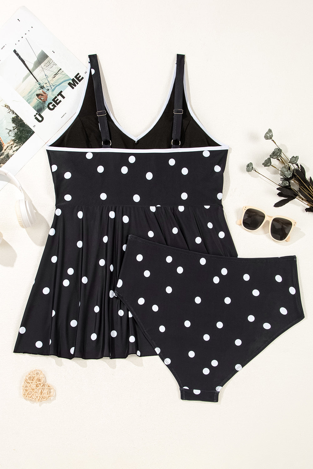 Black Polka Dot Trim V Neck Plus Size Swim Dress