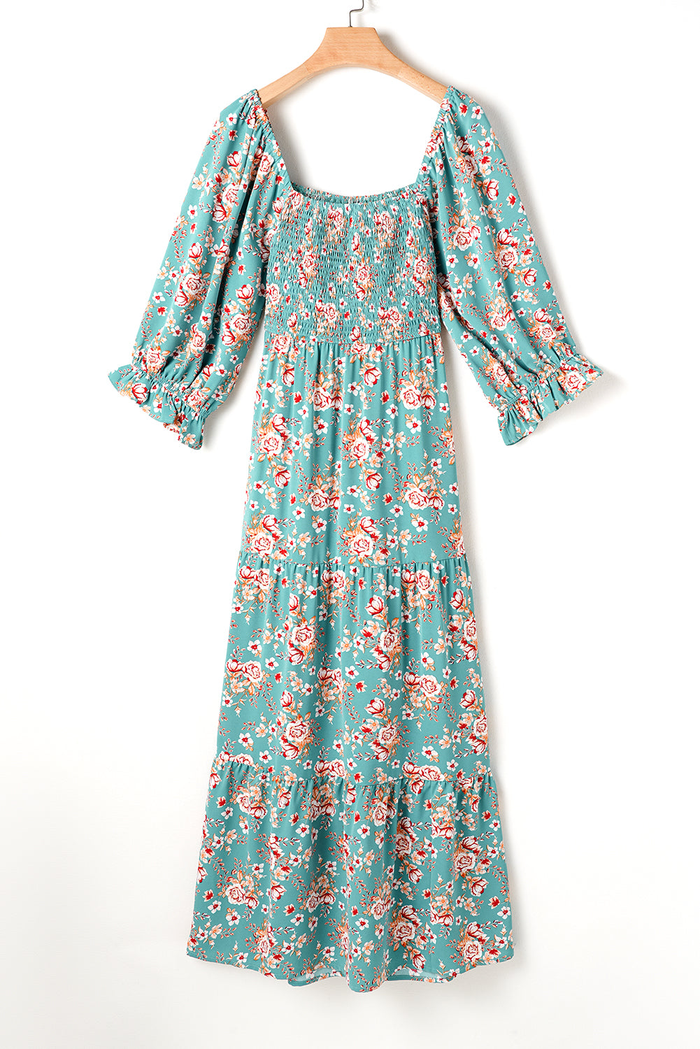 Green Plus Size Floral Print Smocked Tiered Maxi Dress