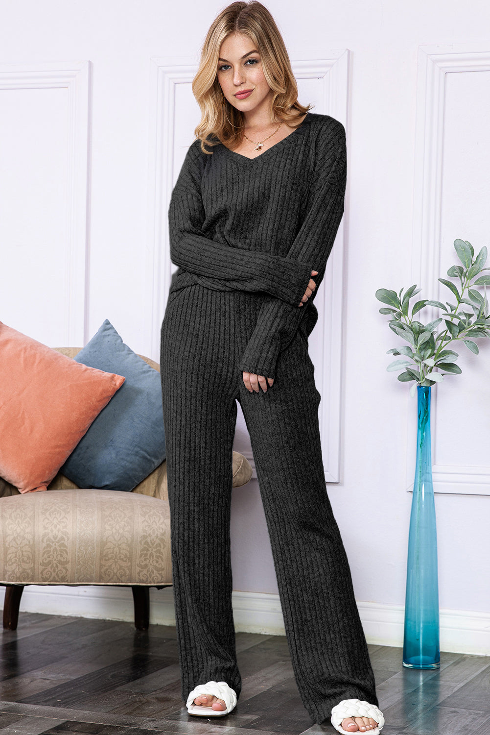 Slouchy Ribbed Knit V Neck Top & Pants Loungewear Set