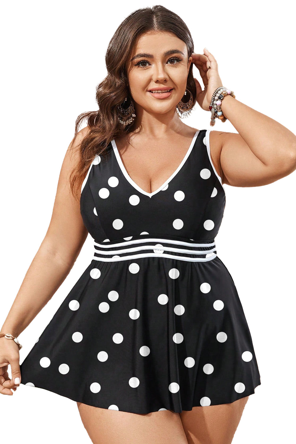 Black Polka Dot Trim V Neck Plus Size Swim Dress