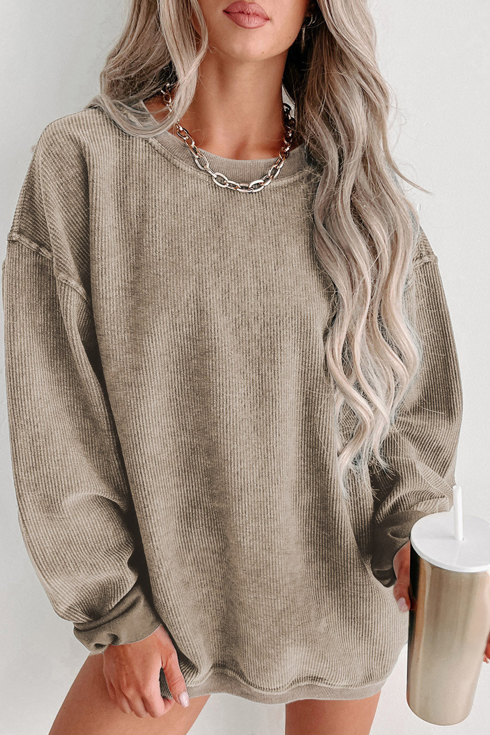 Solid Ribbed Round Neck Pullover Sweatshirt