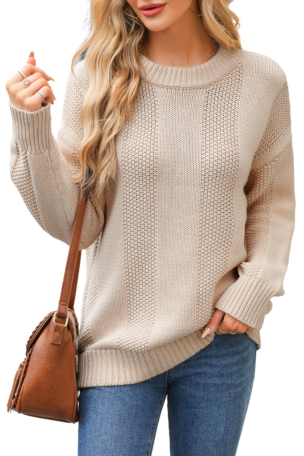 Pale Khaki Solid Color Ribbed Knit Round Neck Sweater