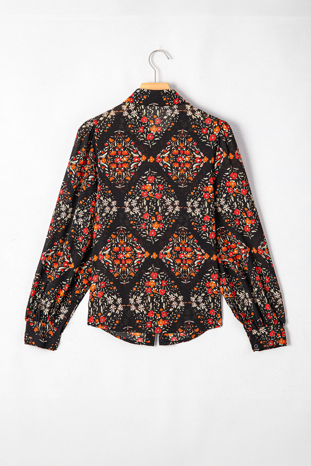 Black Floral Print Collared Button Up Puff Sleeve Shirt