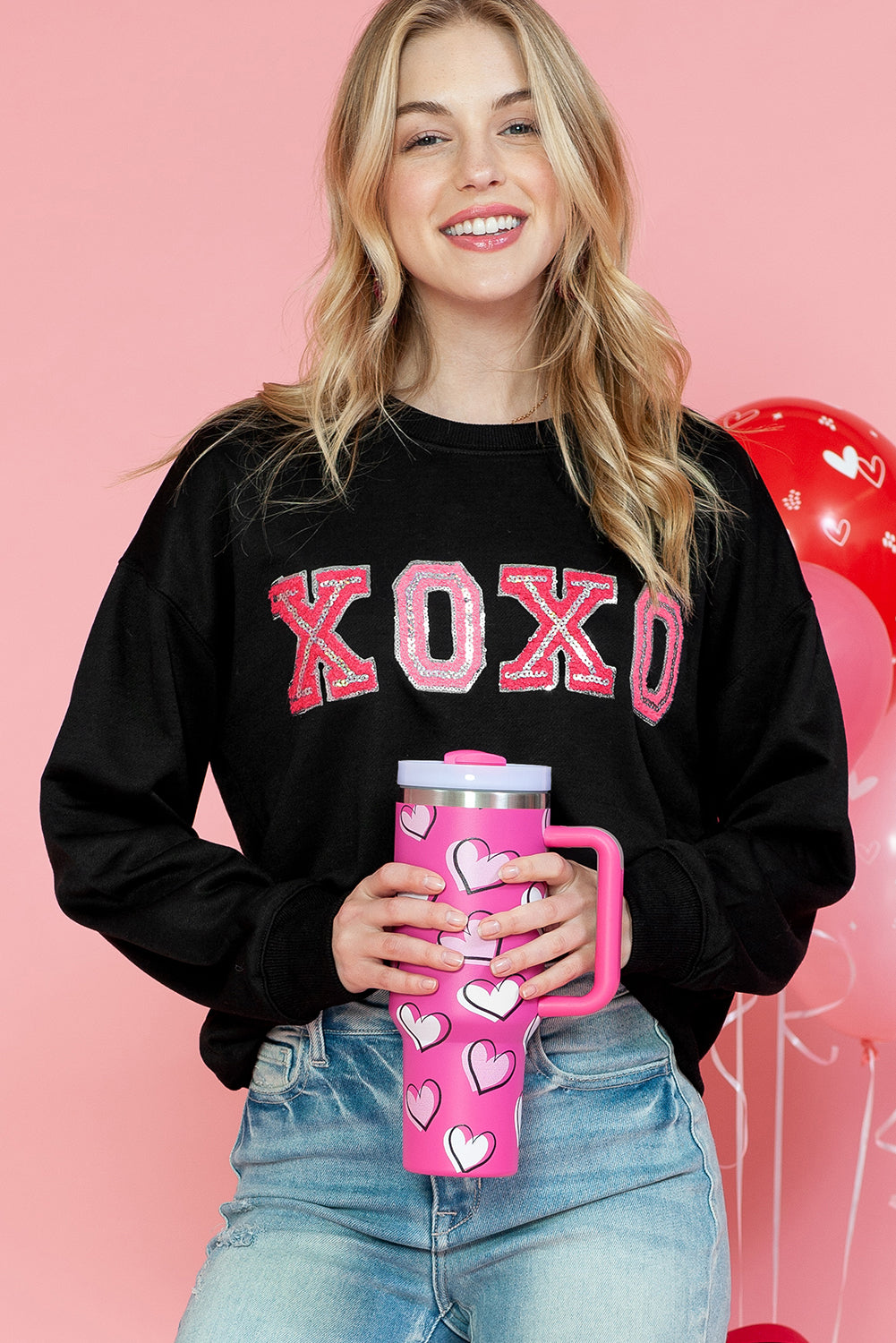 Black Valentine Shiny XOXO Letter Graphic Sweatshirt