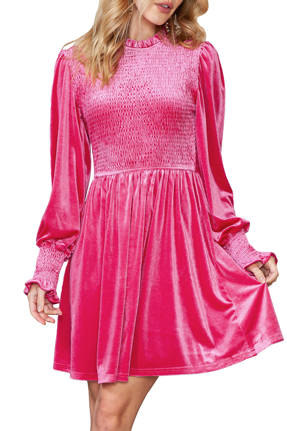 Smocked Lantern Sleeve Frilled Velvet Dress