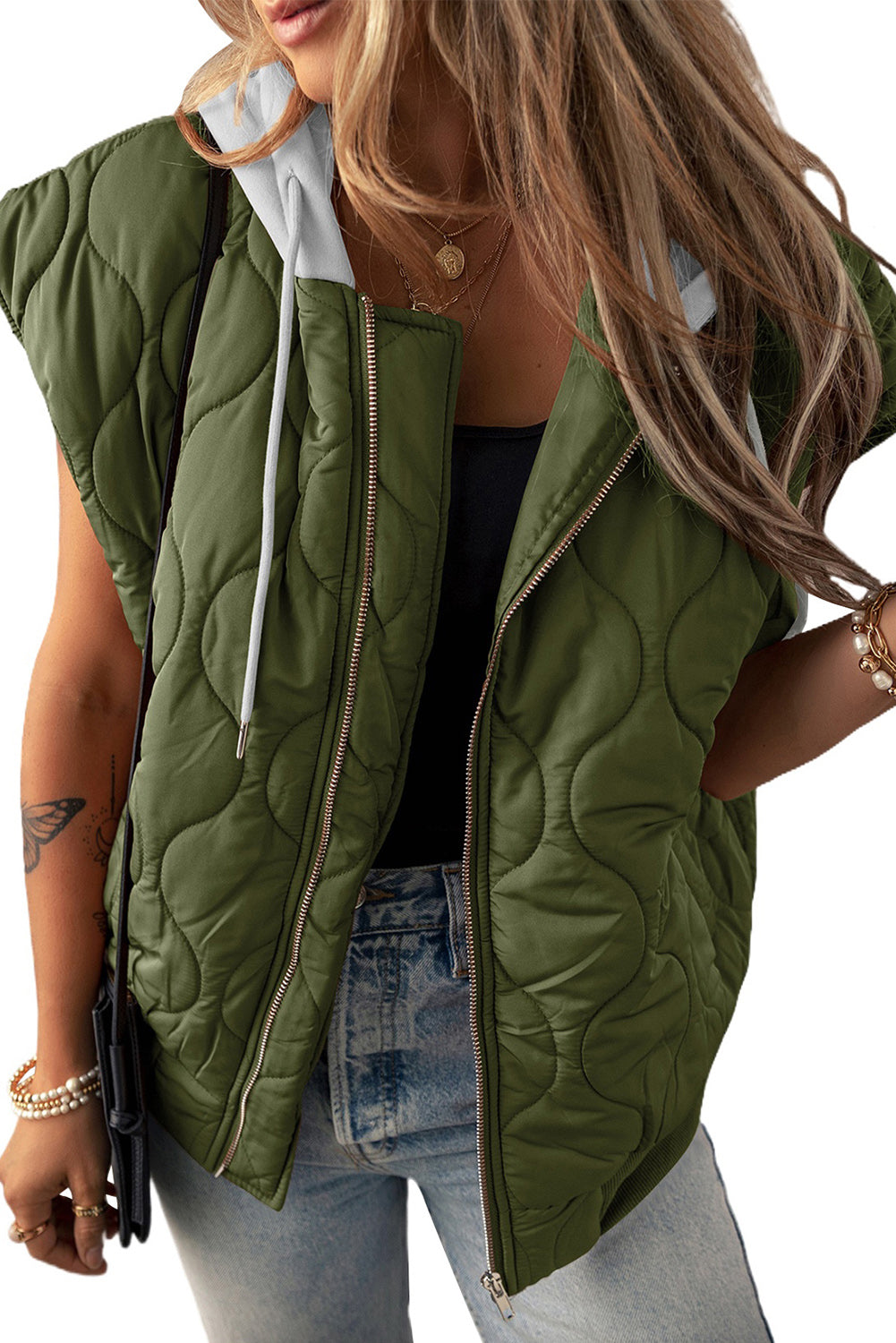 Quilted Drawstring Hooded Zip Up Puffer Vest