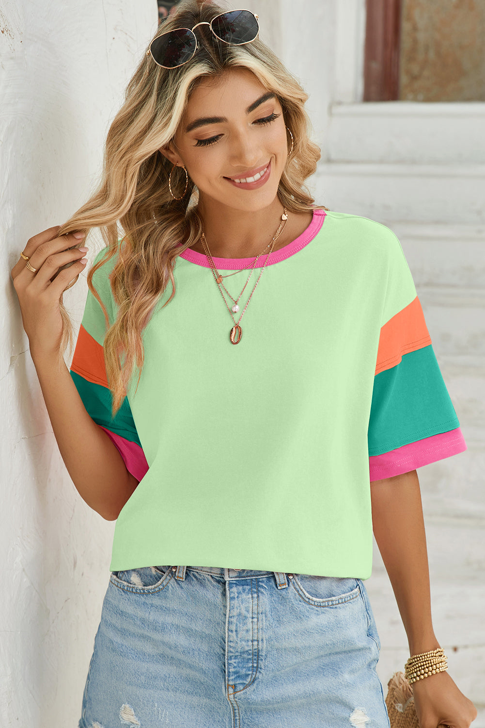 Color Block Sleeve Round Neck Oversize Top