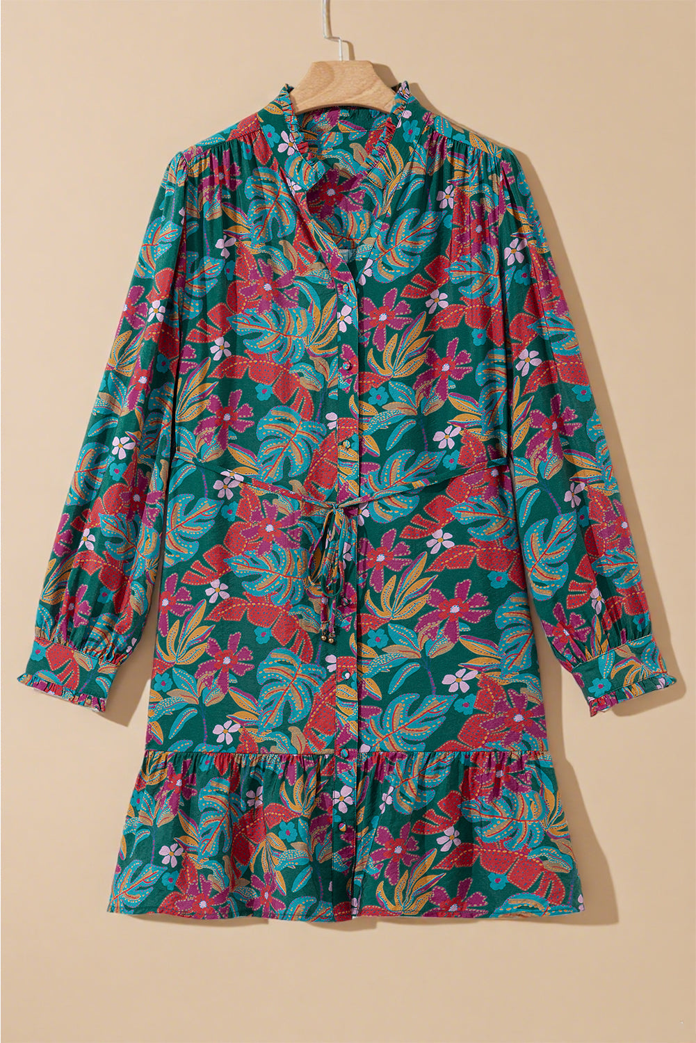 Green Floral Frill V Neck Puff Sleeve Ruffle Mini Dress