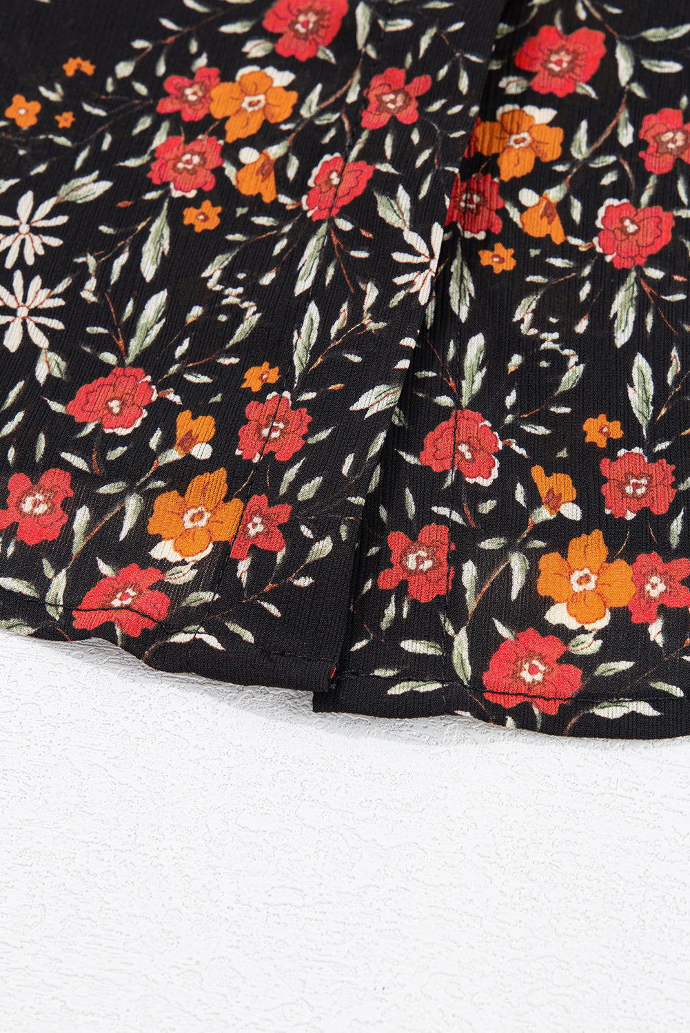 Black Floral Print Collared Button Up Puff Sleeve Shirt