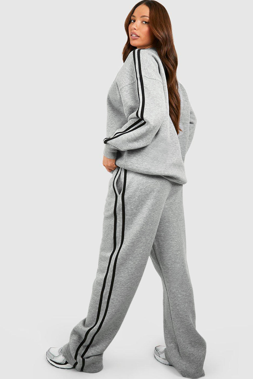 Light Grey Solid Colour Side Striped Sweatshirt Pants Set