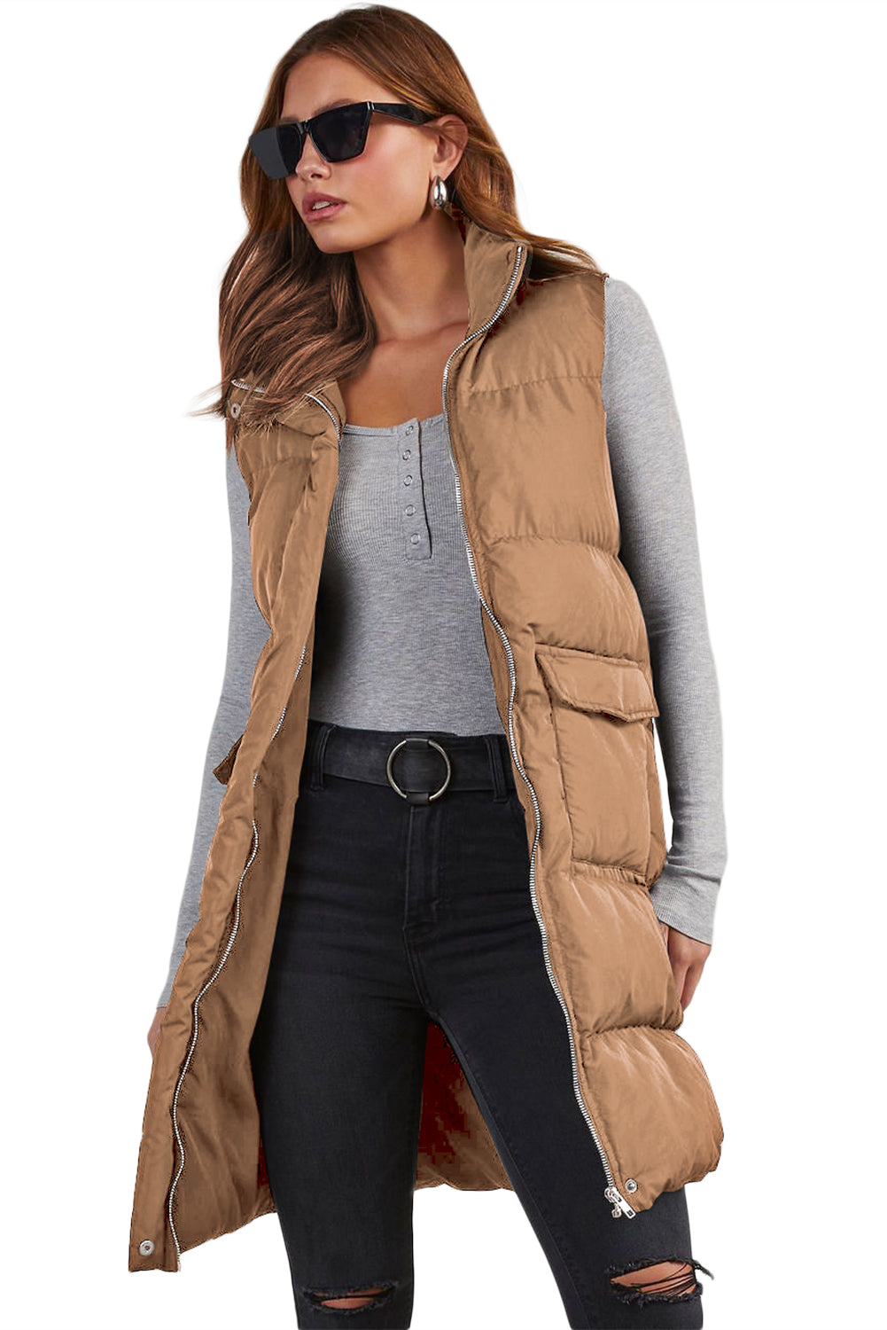 Quilted Pocketed Long Puffer Vest Coat