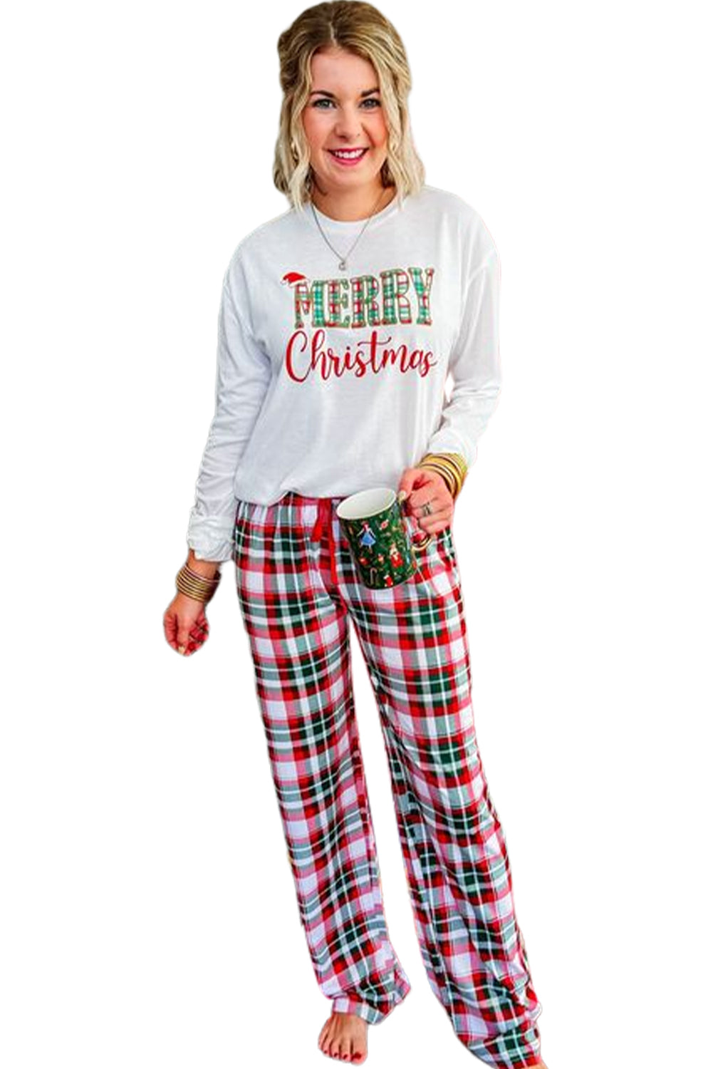 Merry Christmas Top and Plaid Pants Pajama Set