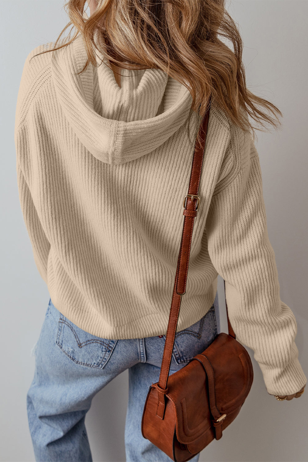 Beige Plain Drawstring Hooded Drop Shoulder Pullover Sweater