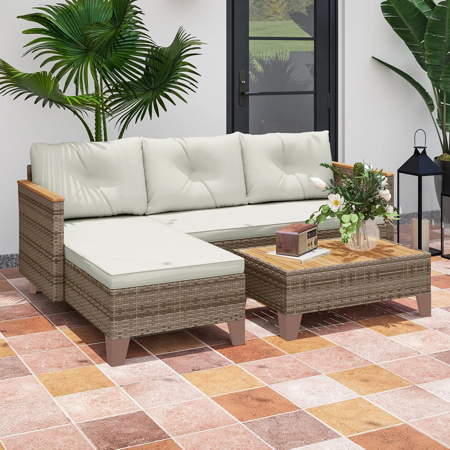 3 Pieces Rattan Garden Furniture Set - L-Shaped Sofa with Acacia Wood Coffee Table & Cushions - Cream