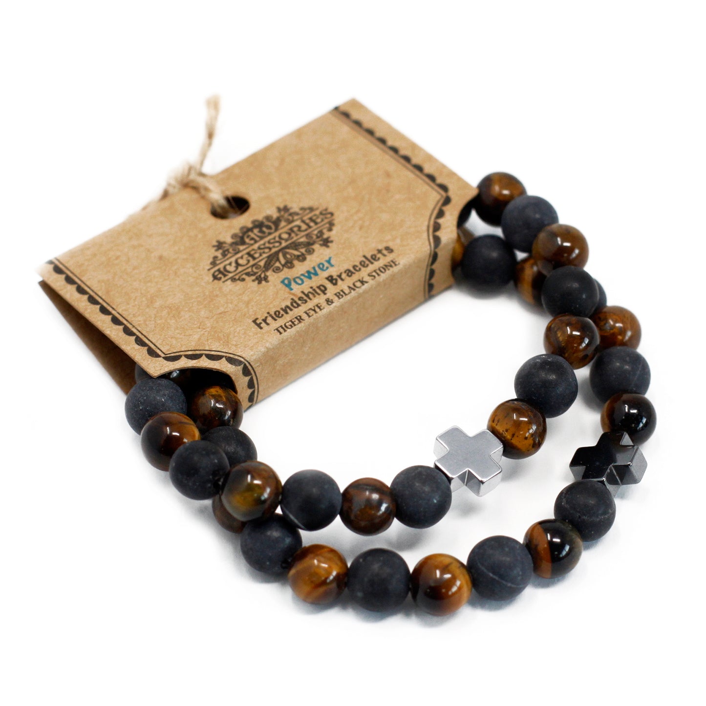 Set of 2 Gemstones Friendship Bracelets - Power - Tiger Eye & Black Stone