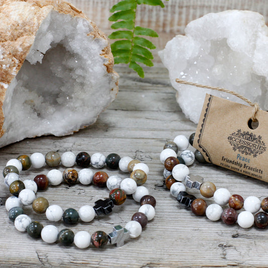 Set of 2 Gemstones Friendship Bracelets - Peace - Picasso Jasper & White Howlite