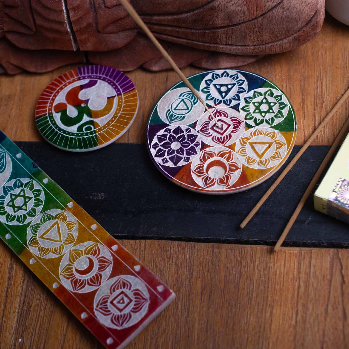 Soapstone Disc Incense Holder 10cm - Seven Chakra