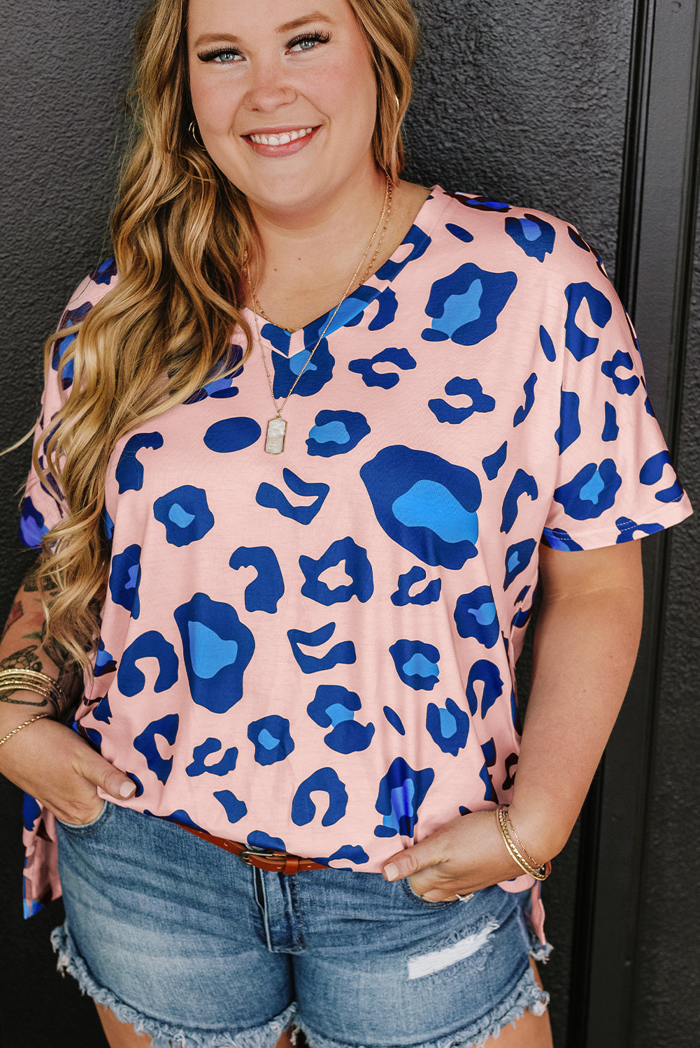 Leopard Print V Neck Plus Size Tee