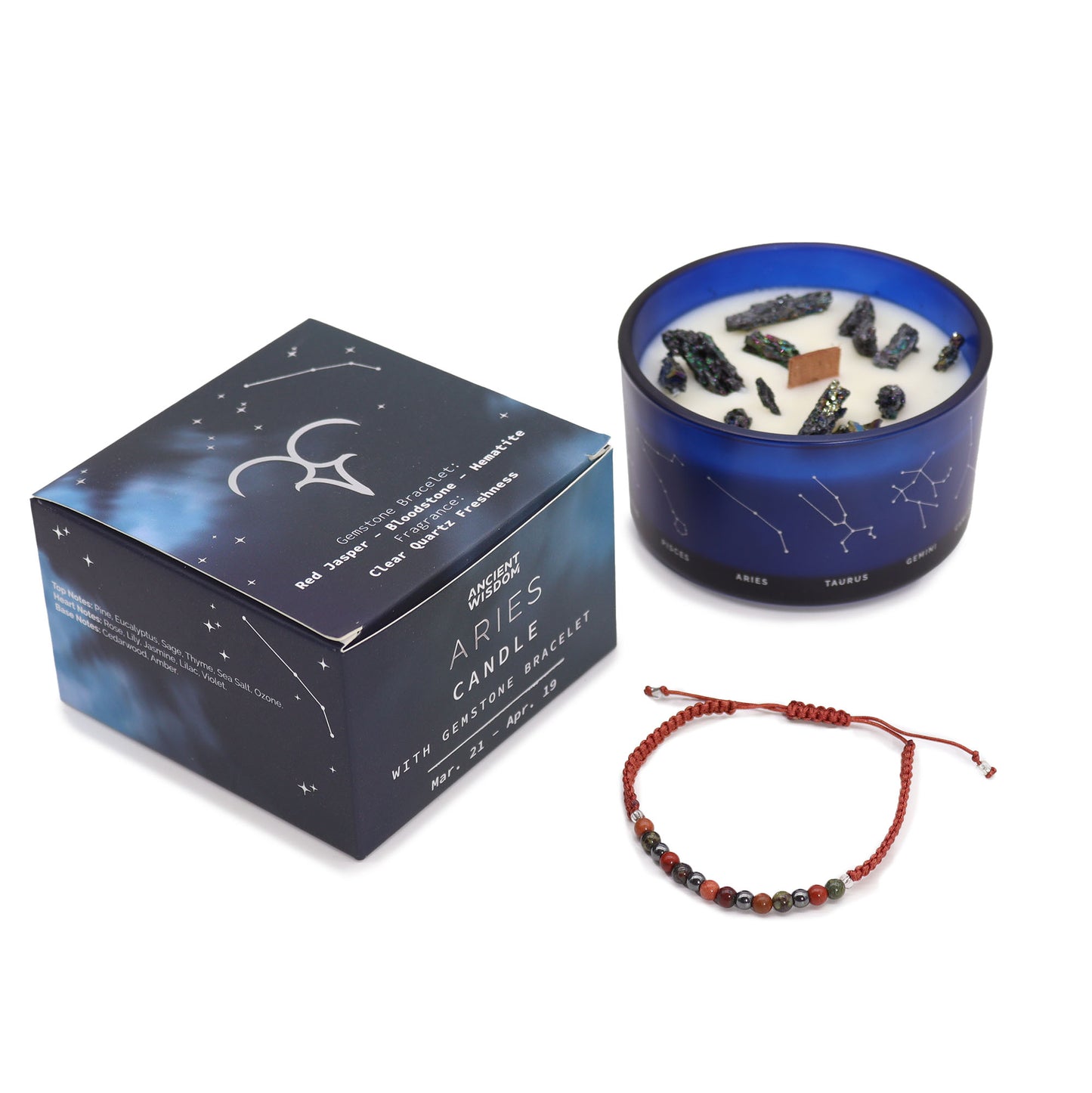 Zodiac Crystal Candle with Gemstone Bracelet - Aries