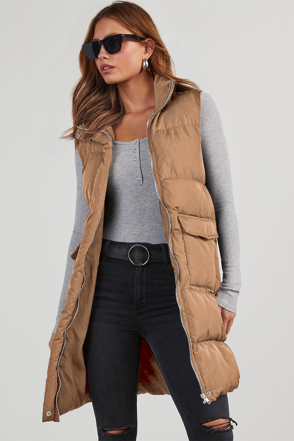 Quilted Pocketed Long Puffer Vest Coat