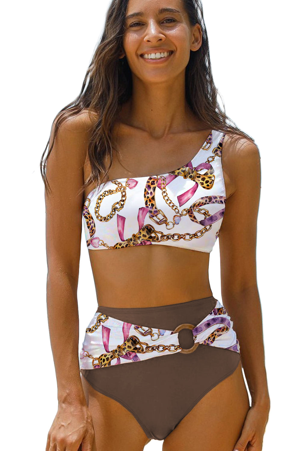 Khaki Abstract Print One Shoulder Ring Linked High Waist Bikini