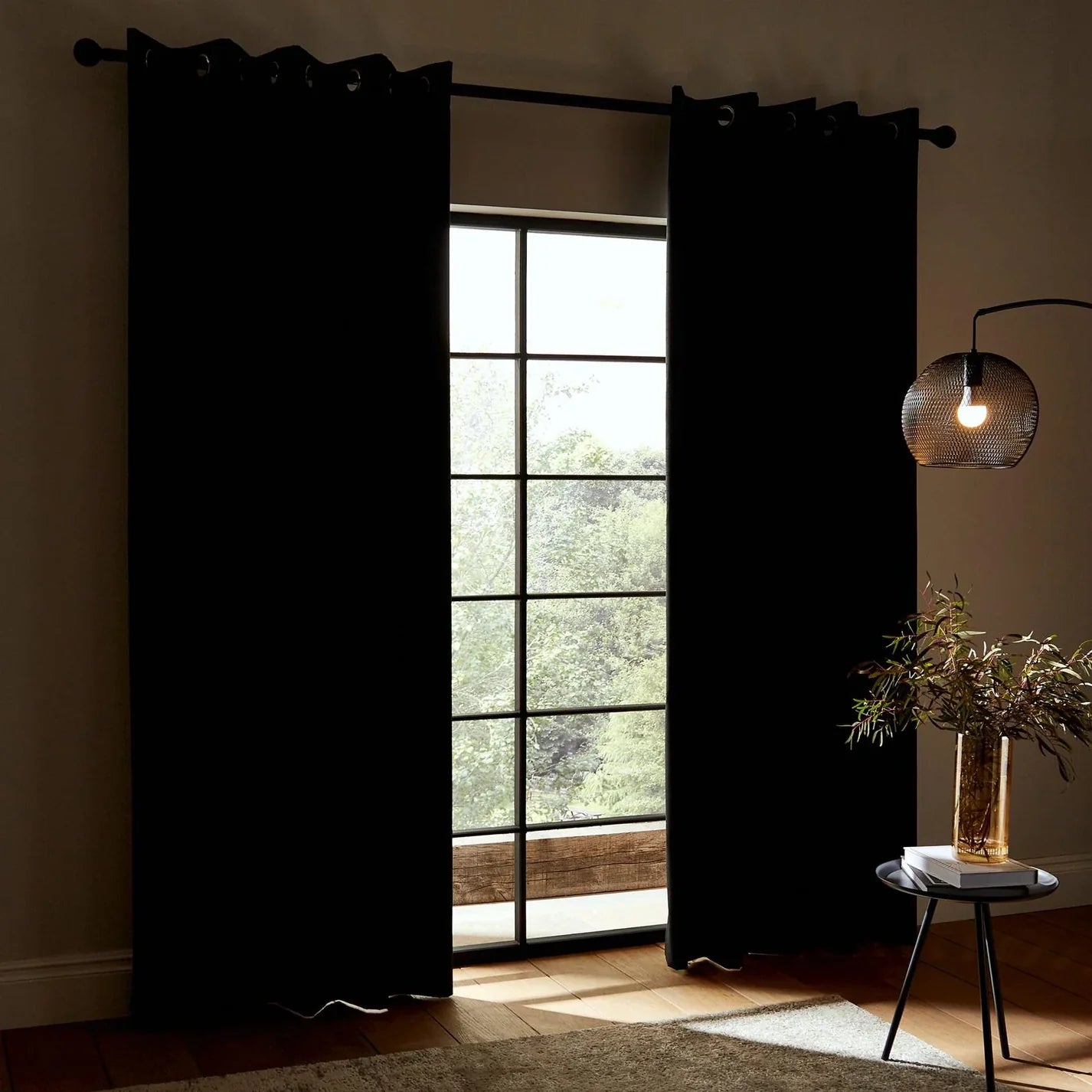 Black Faux Silk Blackout Eyelet Curtains - Catherine Lansfield