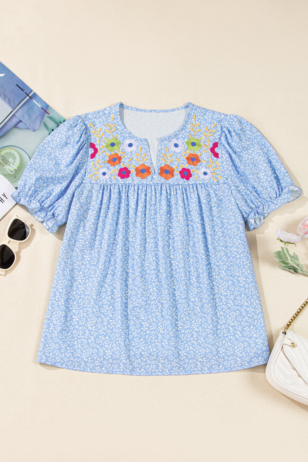 Sky Blue Floral Embroidered Notched V Neck Puff Sleeve Blouse