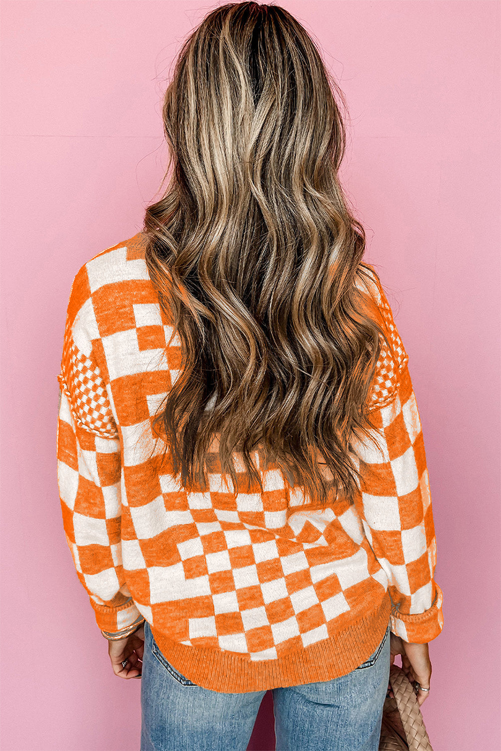 Checkered Drop Shoulder Round Neck Sweater