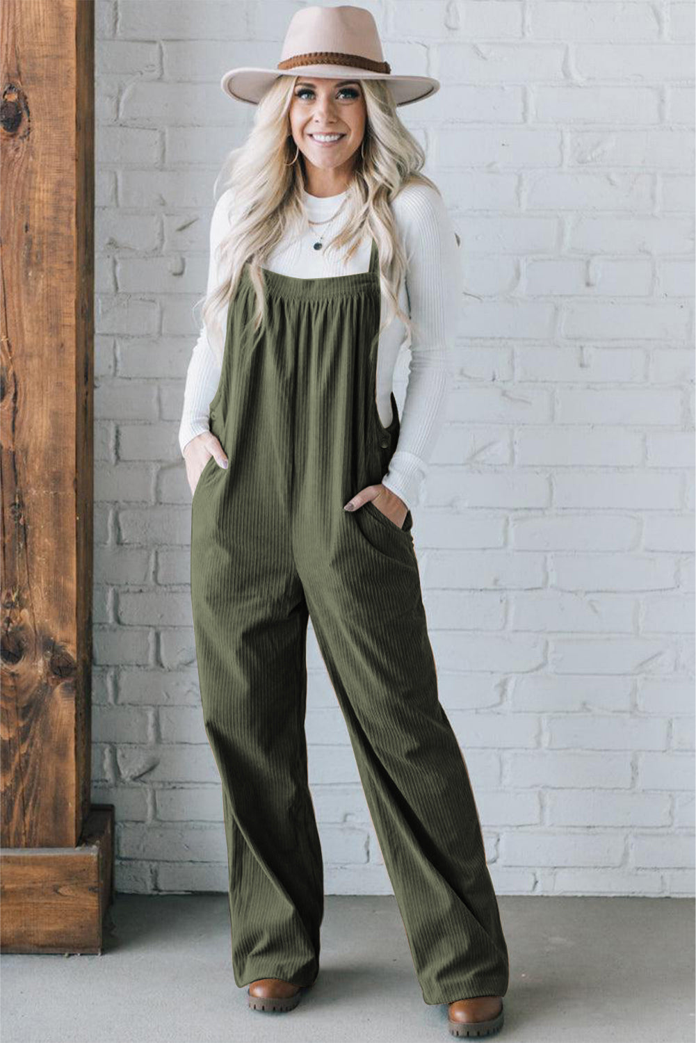 Plain Pocketed Loose Fit Corduroy Overalls