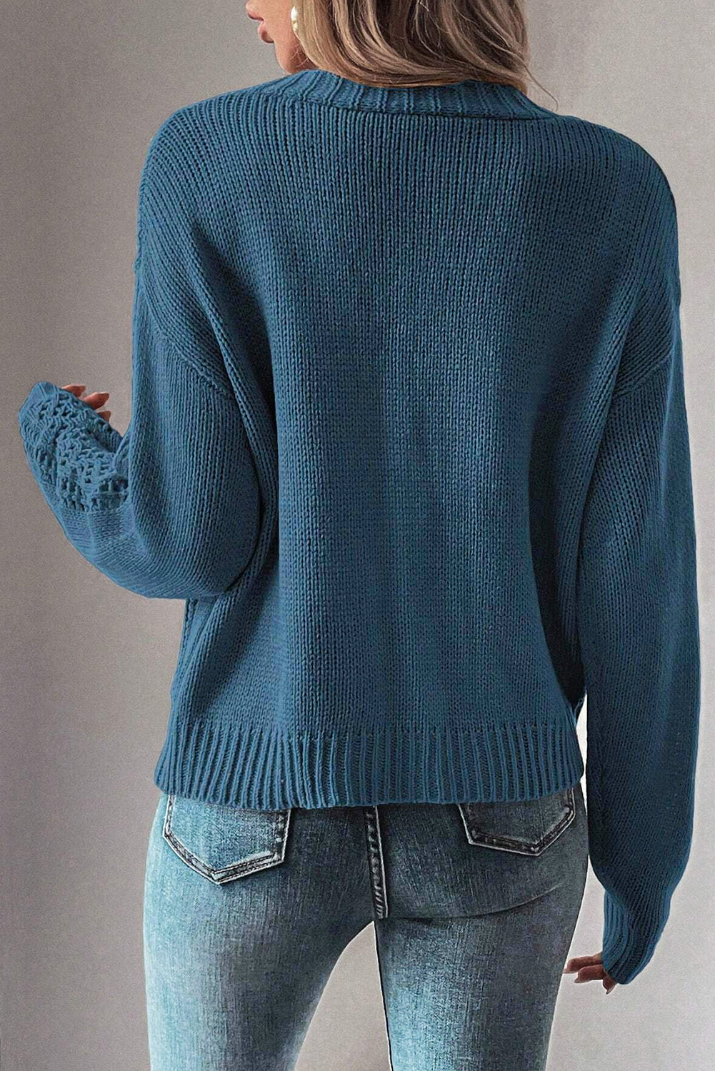 Real Teal Hollow Knit V Neck Button Front Plus Size Cardigan