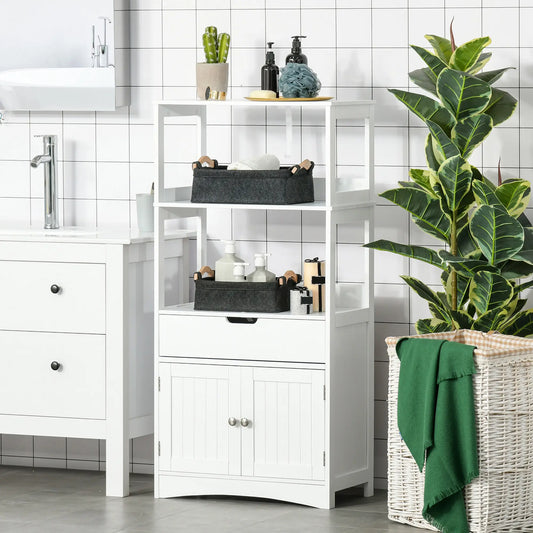 White Bathroom Floor Cabinet - Storage with Drawer, Open Shelves & Cupboard