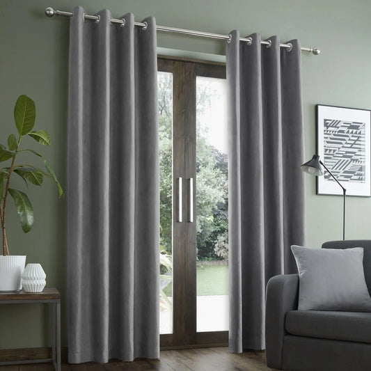 Grey Faux Suede Lined Eyelet Curtains - Catherine Lansfield