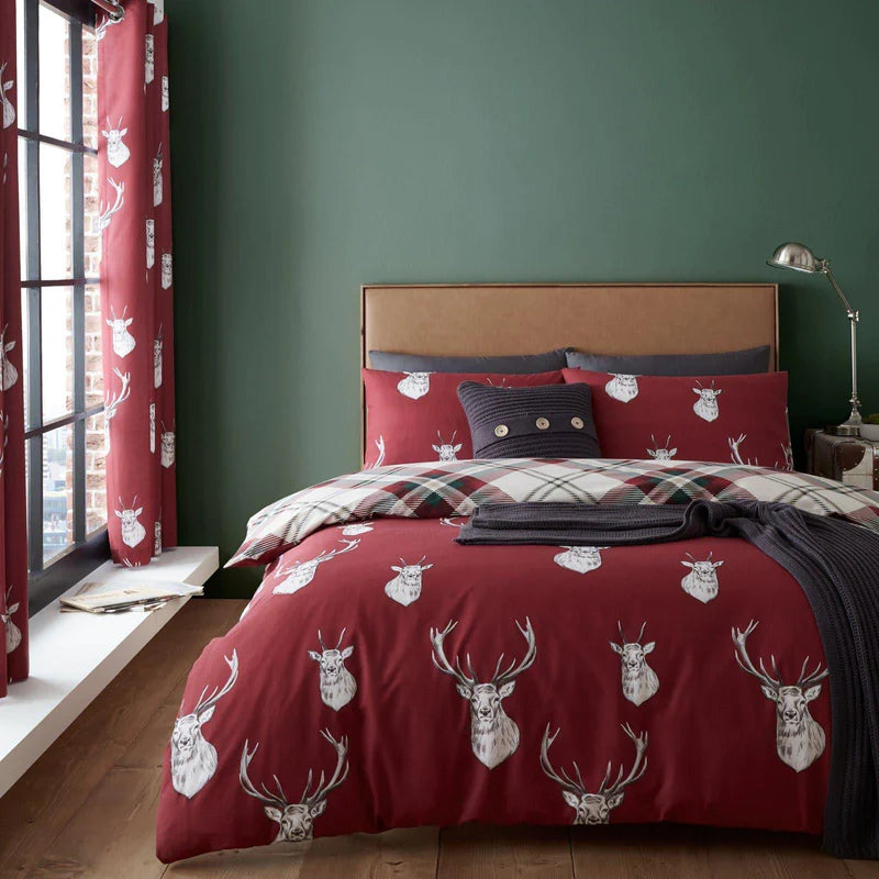 Munro Stag Tartan Check Reversible Red Duvet Cover Set by Catherine Lansfield