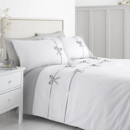 Milo Bow Pleated Detail White & Grey Duvet Cover Set by Catherine Lansfield