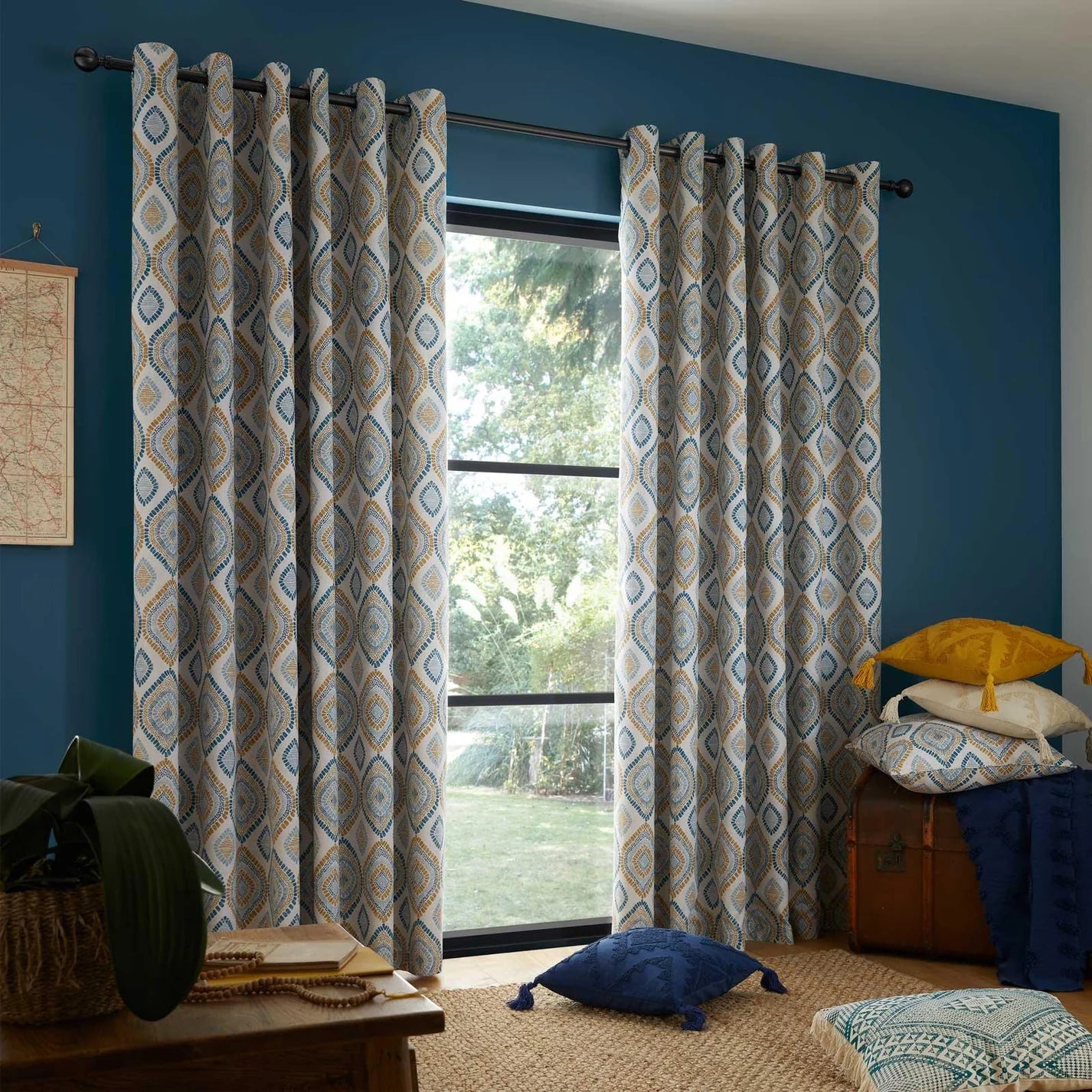 Ziri Geo Cotton Lined Eyelet Curtains Teal - Pineapple Elephant