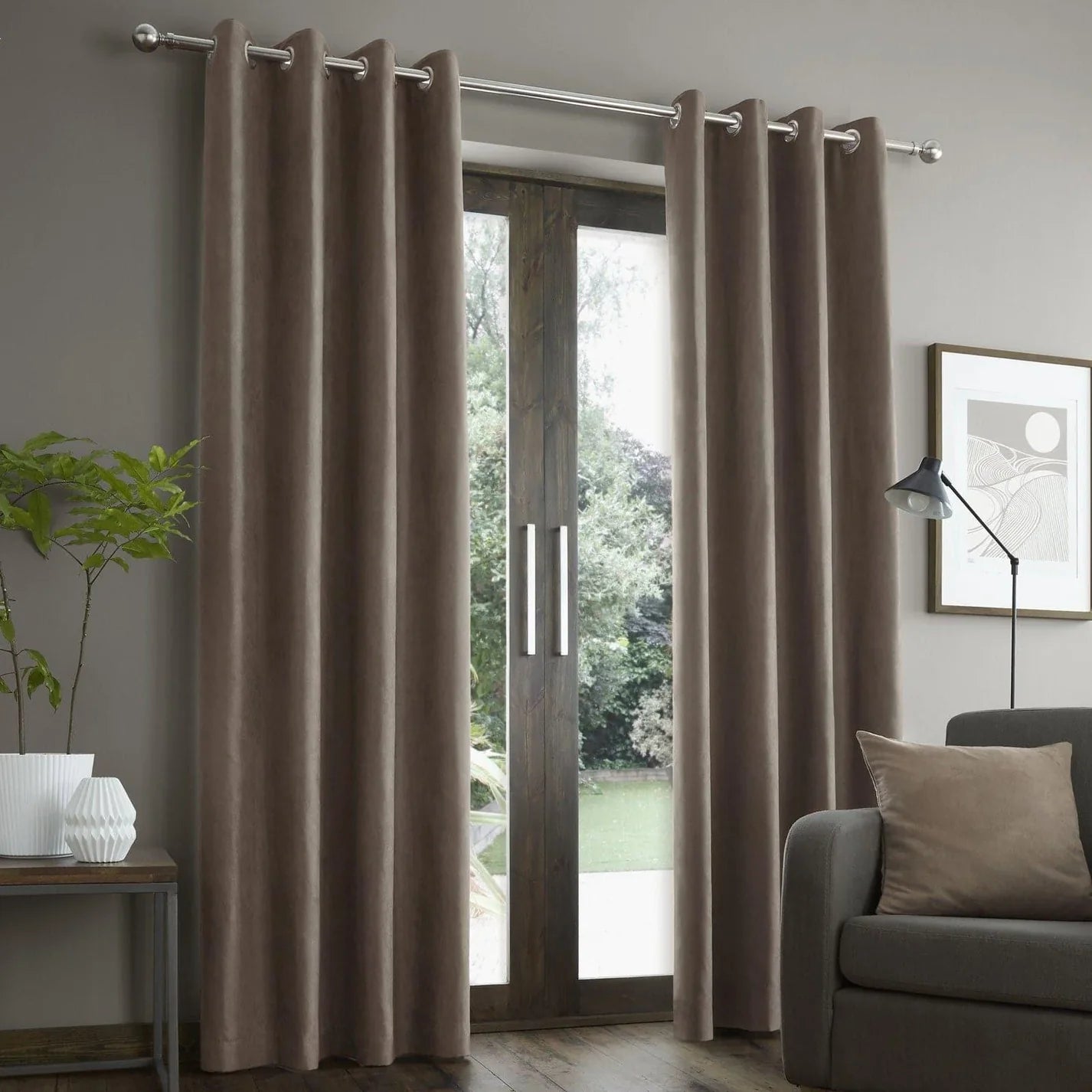 Mink Faux Suede Lined Eyelet Curtains - Catherine Lansfield