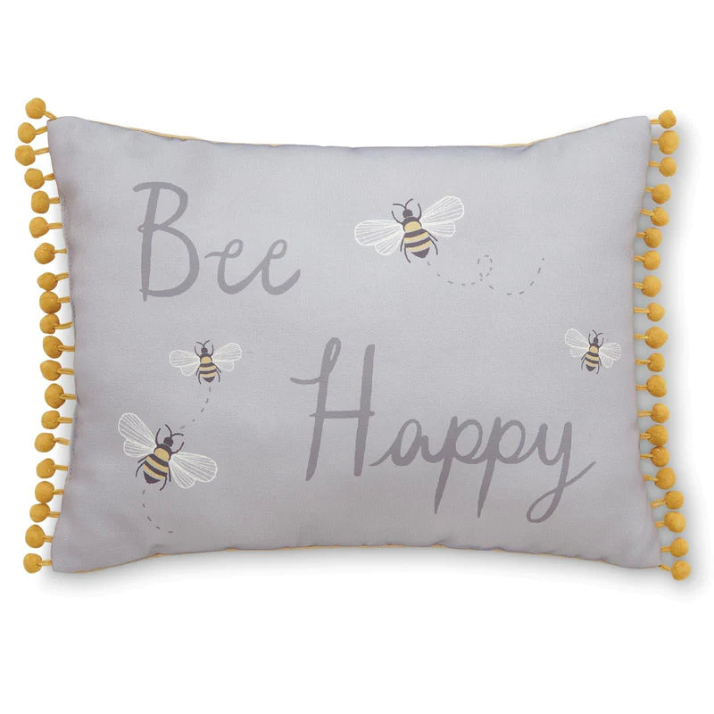 Bee Happy Pom Pom Trim Grey Filled Boudoir Cushion