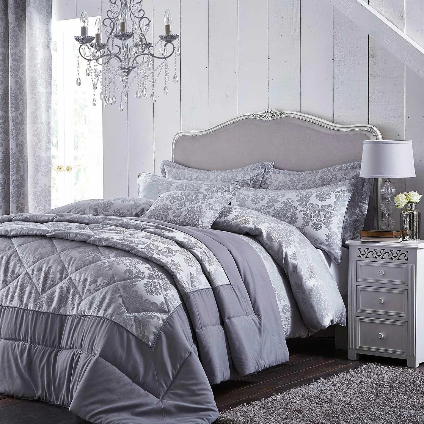 Damask Jacquard Luxury Silver Duvet Cover Set by Catherine Lansfield