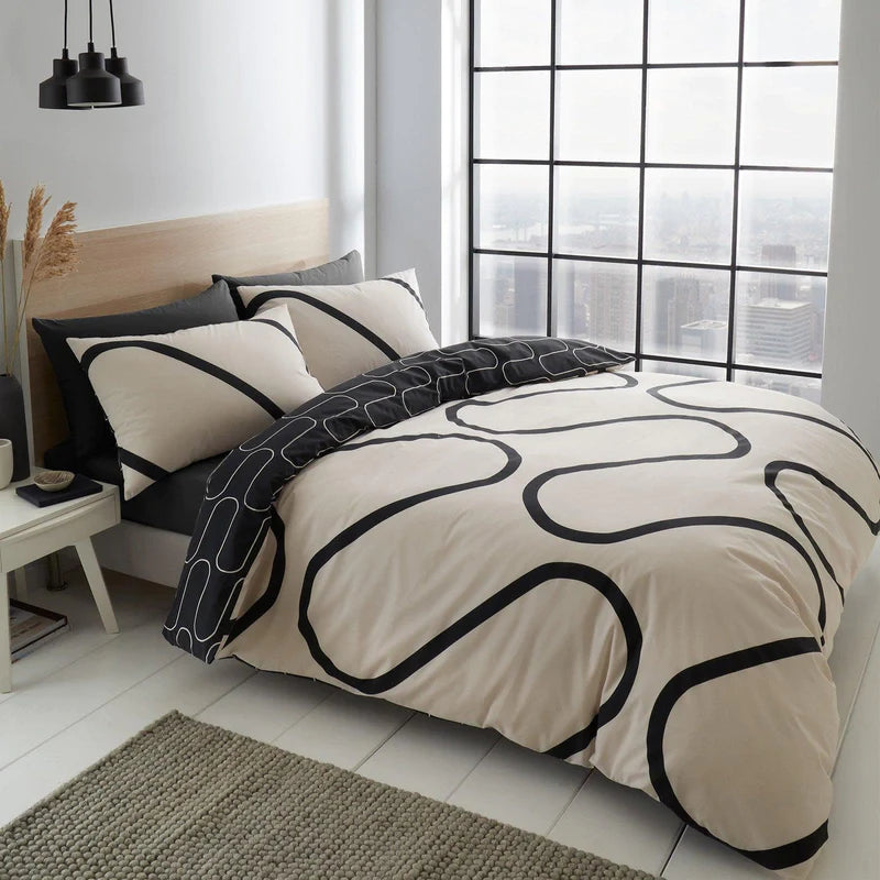 Linear Curve Geometric Black Duvet Cover Set by Catherine Lansfield