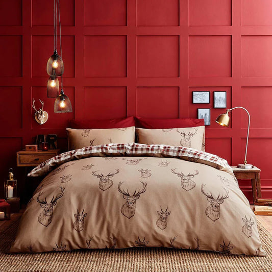 Stag Tartan Check Reversible Natural & Red Duvet Cover Set by Catherine Lansfield