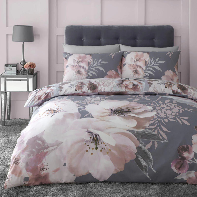 Dramatic Floral Peony Print Pink & Grey Duvet Cover Set by Catherine Lansfield