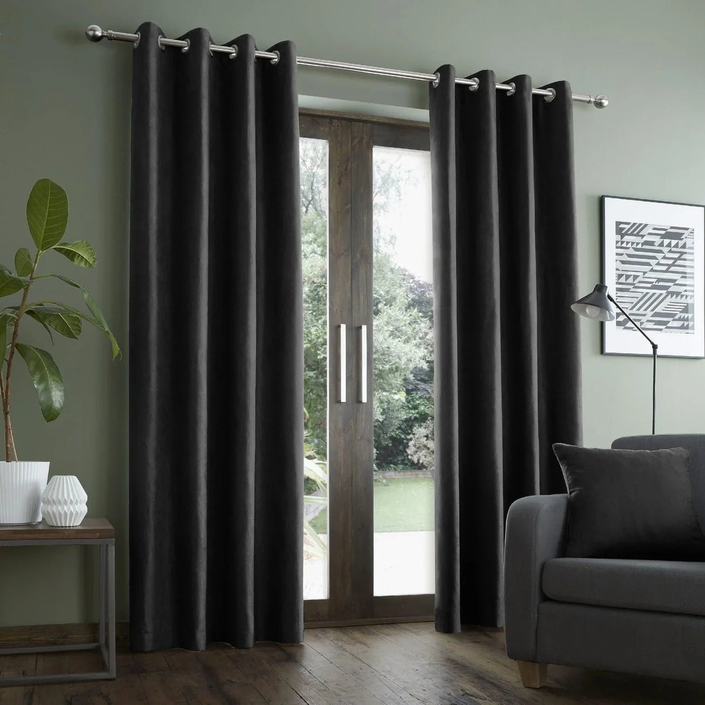 Black Faux Suede Lined Eyelet Curtains by Catherine Lansfield