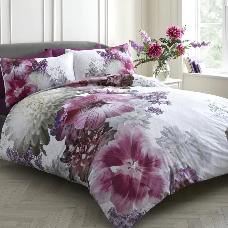 Mayfair Lady Floral Print 100% Cotton Purple Duvet Cover Set by Laurence Llewelyn-Bowen