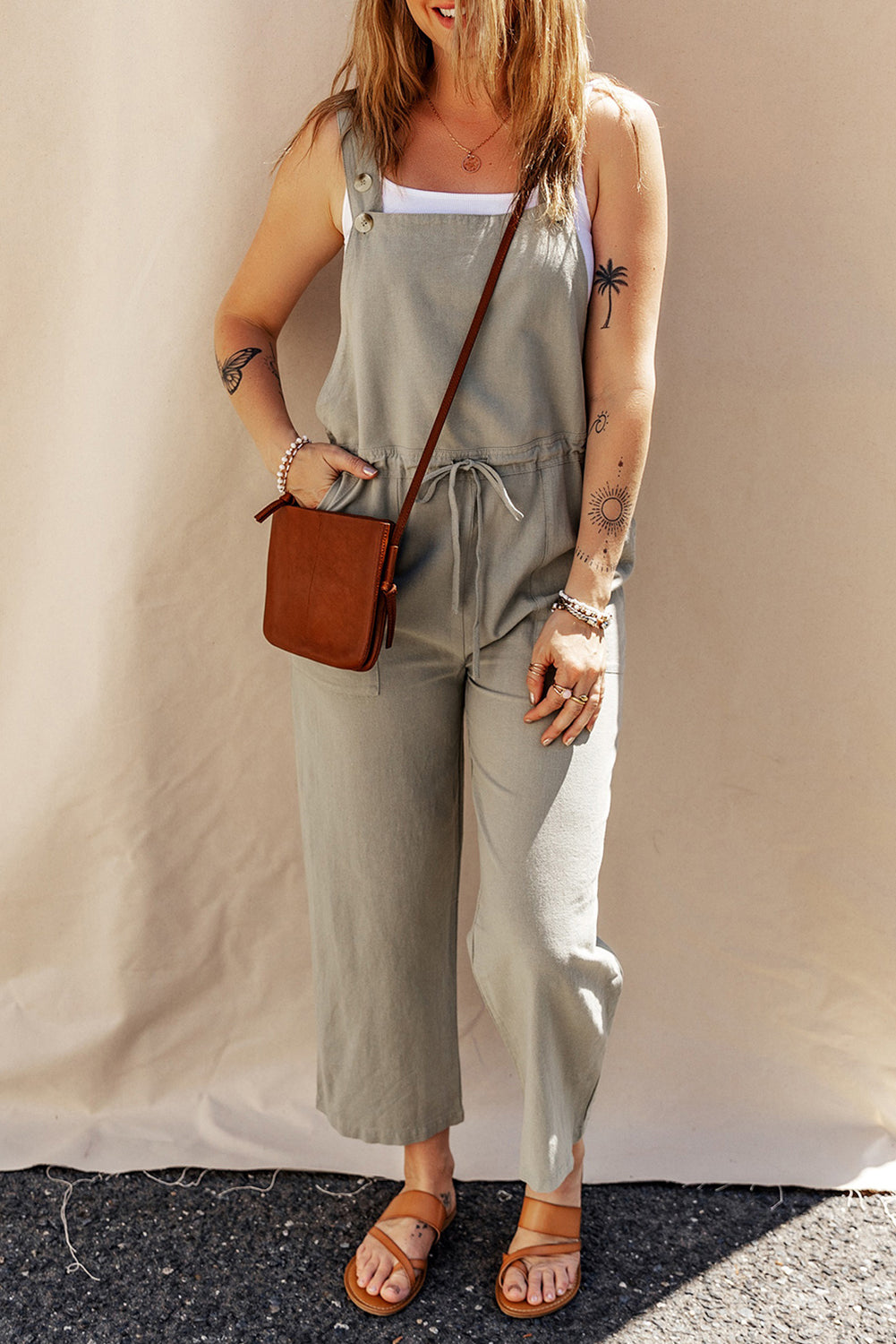 Drawstring Buttoned Straps Cropped Jumpsuit