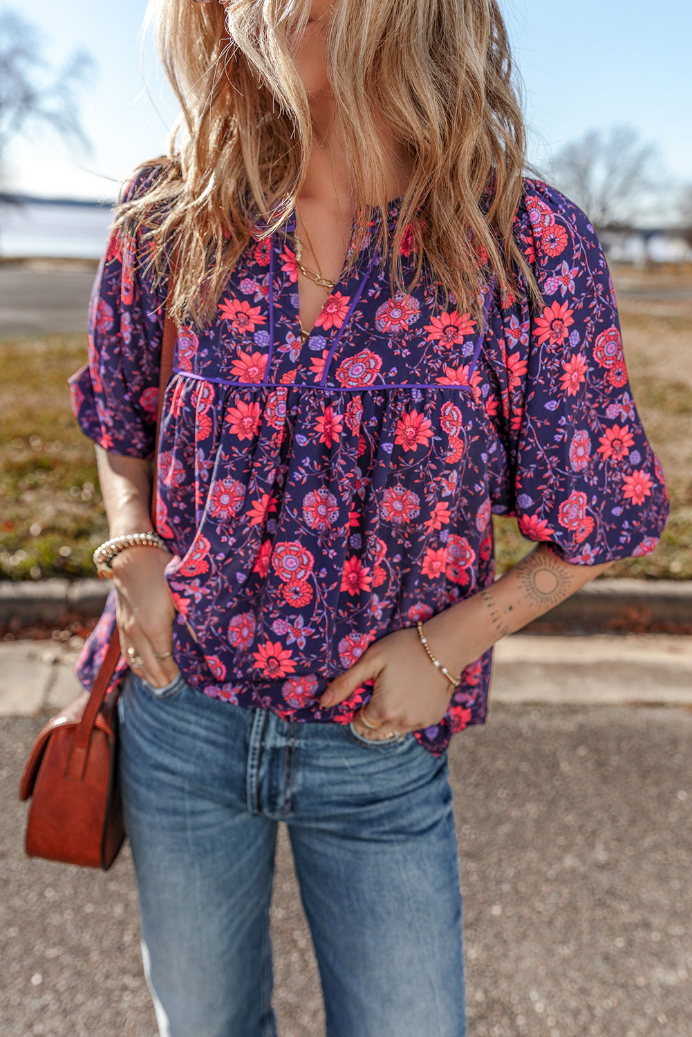 Purple Floral Puff Half Sleeve Split Neck Blouse