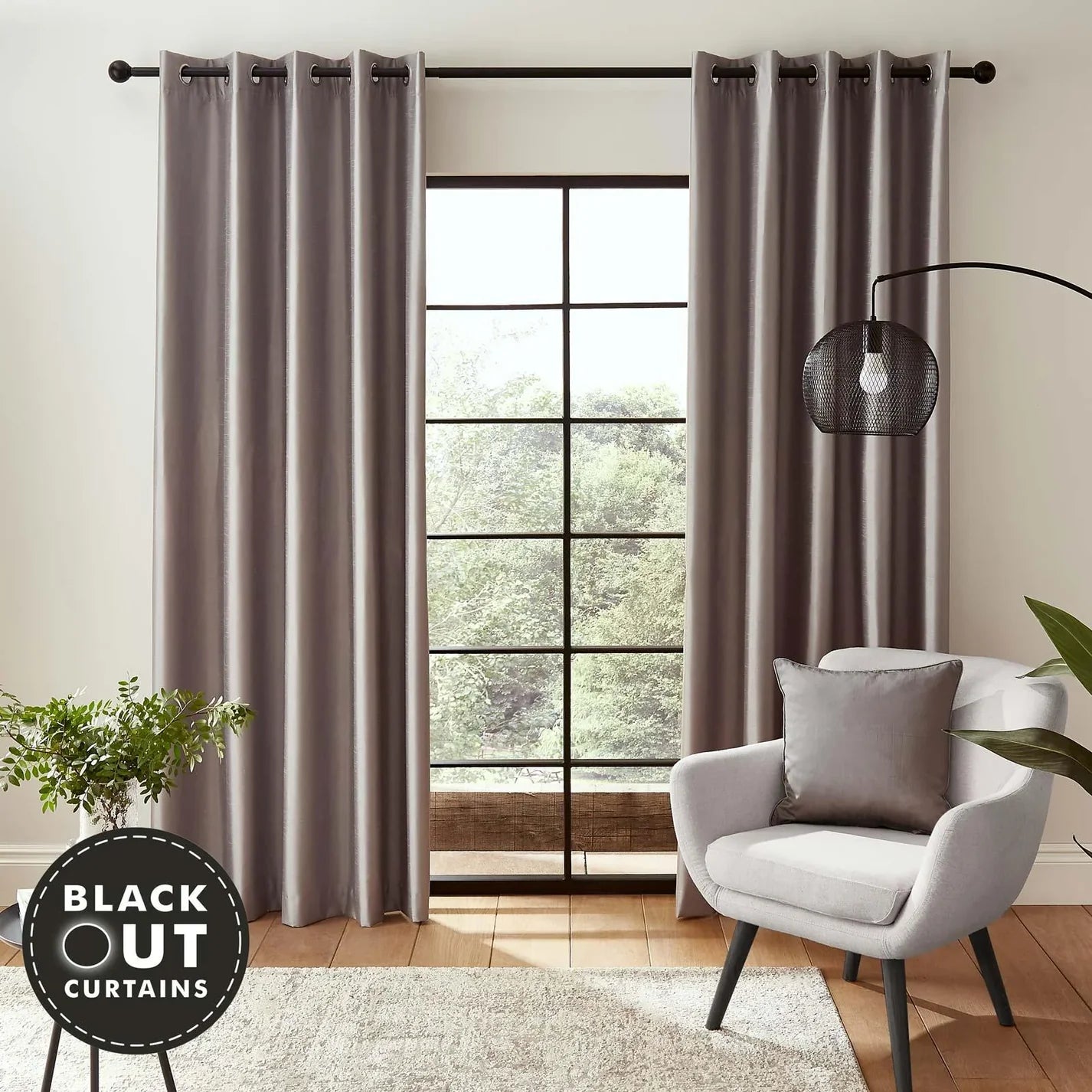 Silver Faux Silk Blackout Eyelet Curtains - Catherine Lansfield