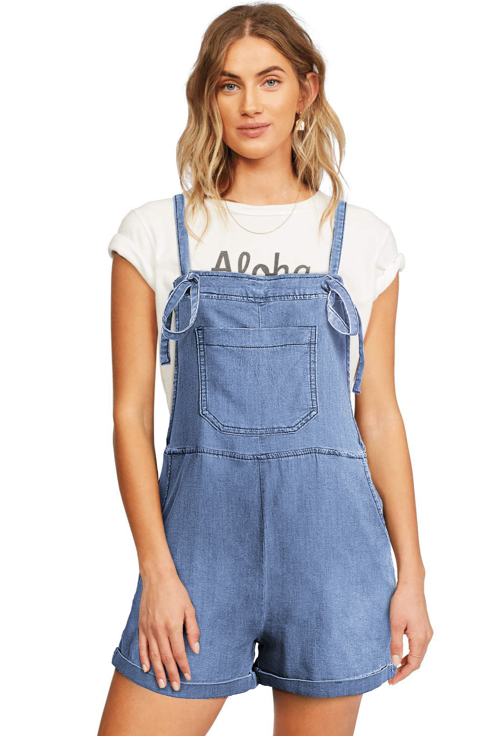 Adjustable Knotted Straps Pocketed Denim Overalls